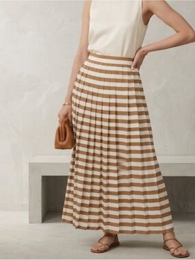 Vintage Pleated Silk Wrap Maxi Skirt Cream Tan horizontal striped Size 12